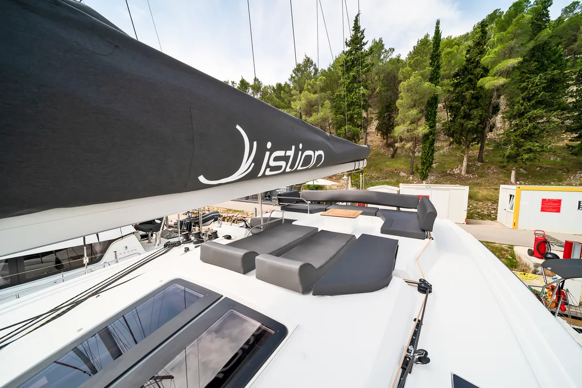 Deck of First Life, a Fountaine Pajot Tanna 47 catamaran at Skradin, Croatia