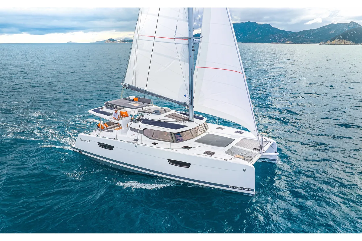 Exterior view of First Life, a Fountaine Pajot Tanna 47 catamaran at Skradin, Croatia