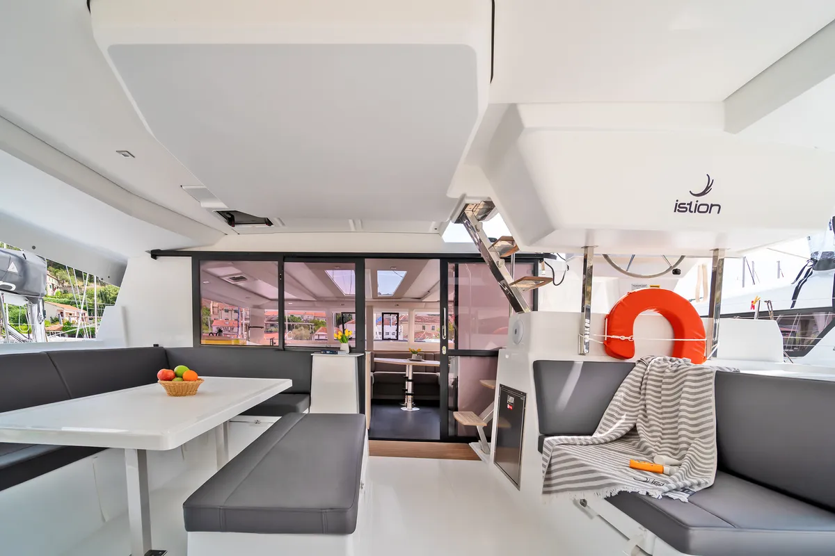 Deck of First Life, a Fountaine Pajot Tanna 47 catamaran at Skradin, Croatia