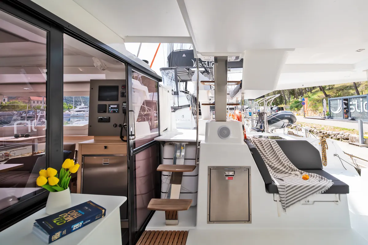 Deck of First Life, a Fountaine Pajot Tanna 47 catamaran at Skradin, Croatia