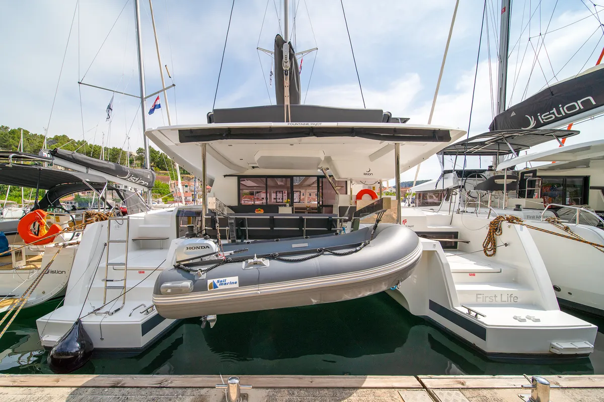 Exterior view of First Life, a Fountaine Pajot Tanna 47 catamaran at Skradin, Croatia