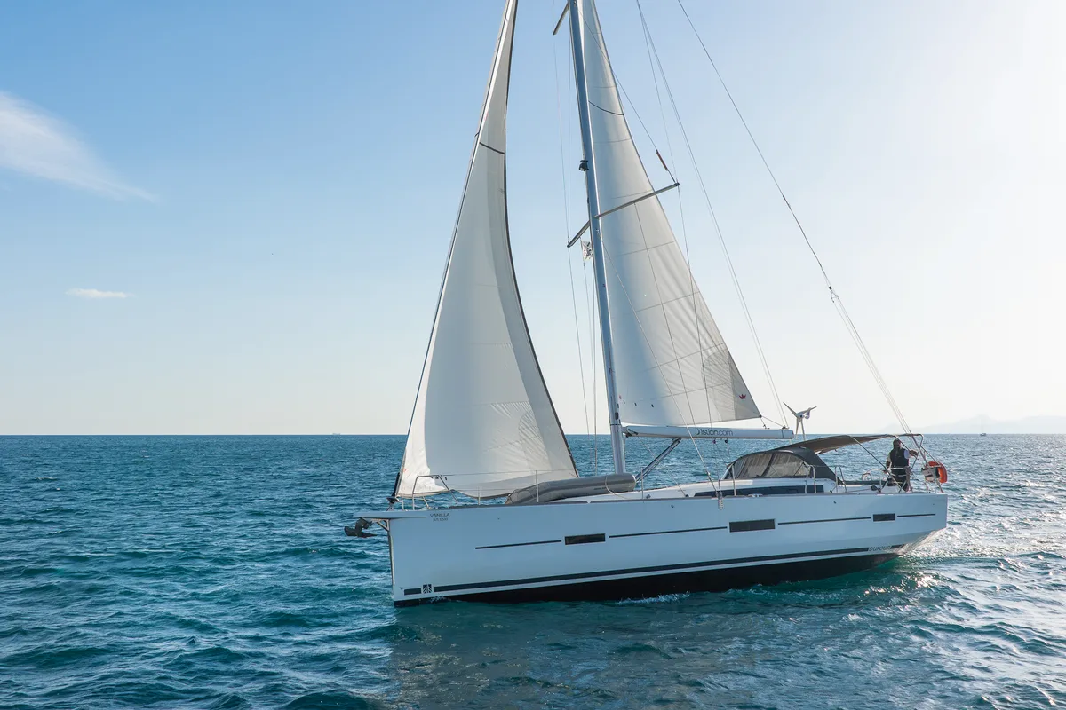 Exterior view of Vanilla, a Dufour 460 Grand Large sailboat at Athens, Greece