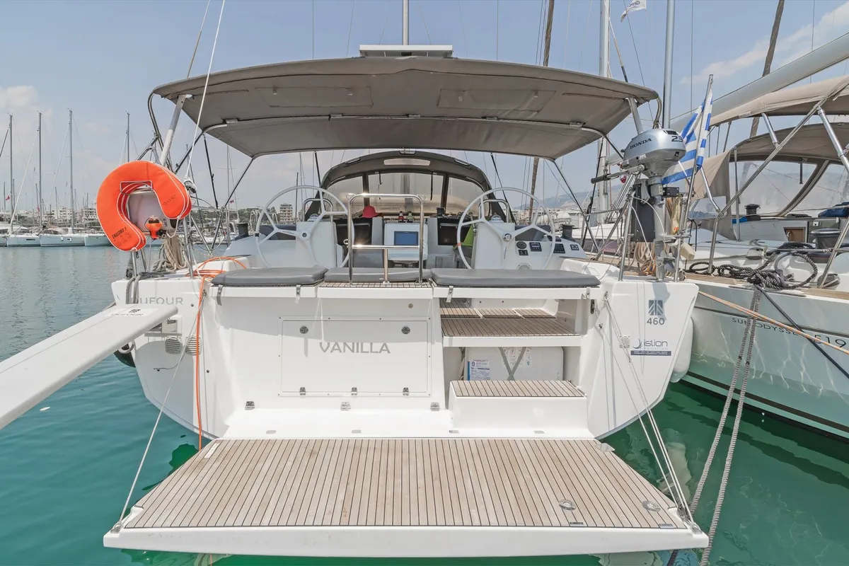 Exterior view of Vanilla, a Dufour 460 Grand Large sailboat at Athens, Greece