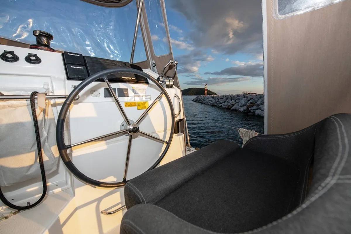 Cockpit of Elia, a Lagoon 40 catamaran at Neo Klima, Greece