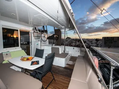 Deck of Elia, a Lagoon 40 catamaran at Neo Klima, Greece