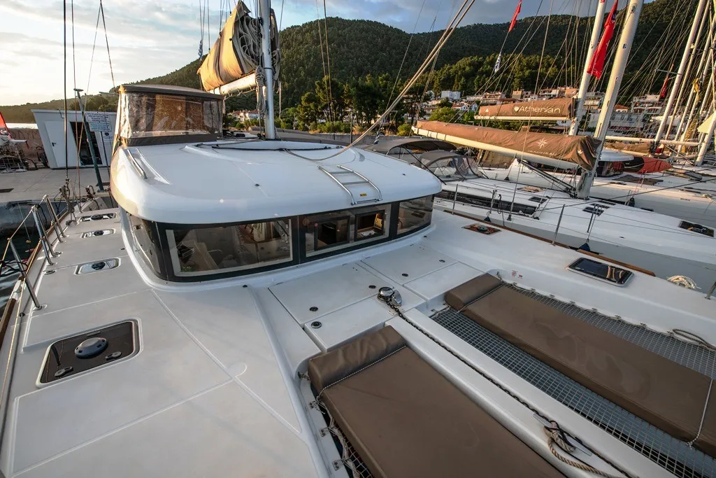 Exterior view of Elia, a Lagoon 40 catamaran at Neo Klima, Greece