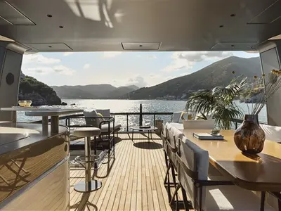 Deck of Balance, a Azimut 82 Fly motor yacht at Grad Šibenik, Croatia