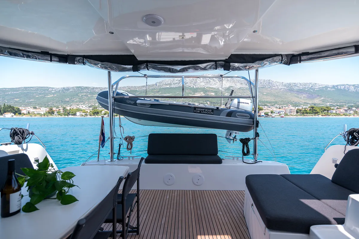 Deck of Sophie, a Lagoon 42 OW catamaran at Grad Kaštela, Croatia