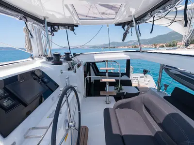 Cockpit of Sophie, a Lagoon 42 OW catamaran at Grad Kaštela, Croatia