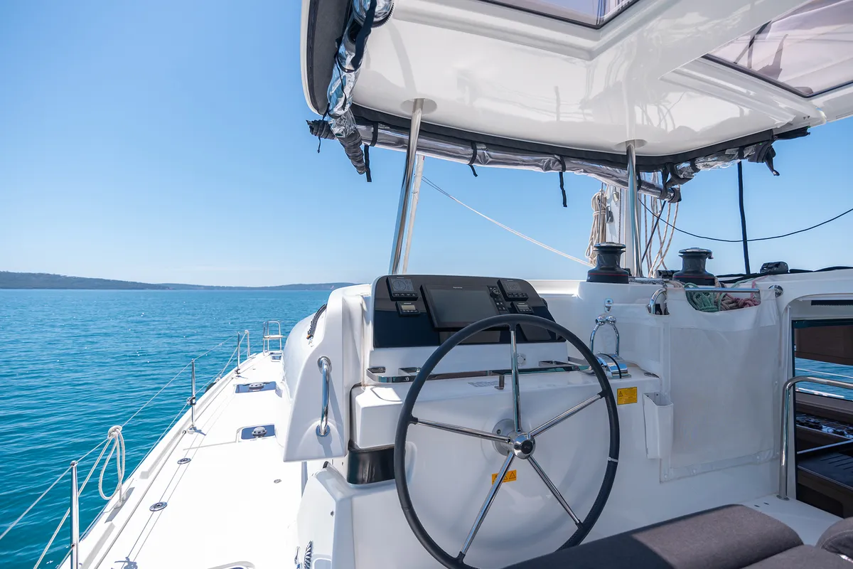 Cockpit of Sophie, a Lagoon 42 OW catamaran at Grad Kaštela, Croatia