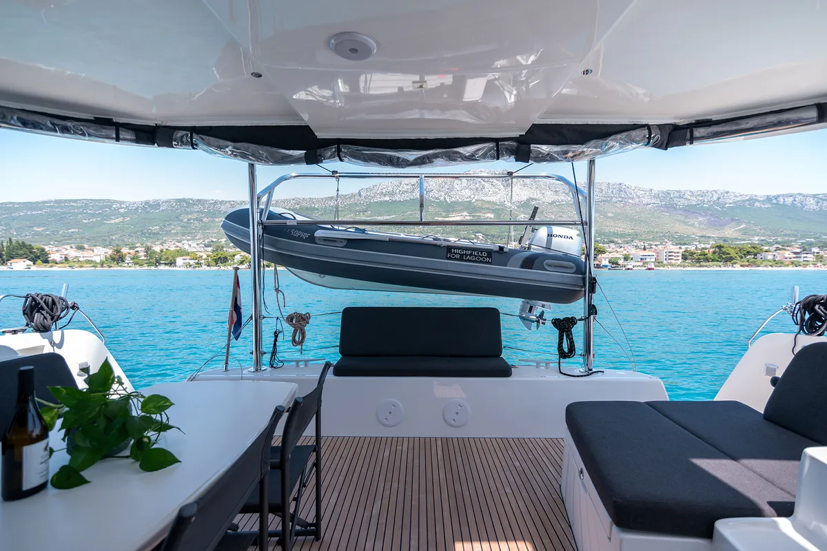Deck of Sophie, a Lagoon 42 OW catamaran at Grad Kaštela, Croatia