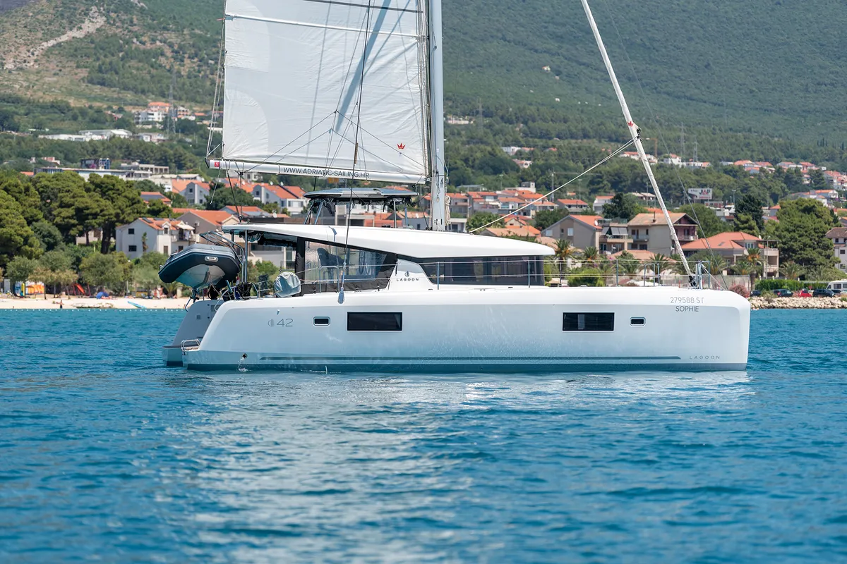 Exterior view of Sophie, a Lagoon 42 OW catamaran at Grad Kaštela, Croatia
