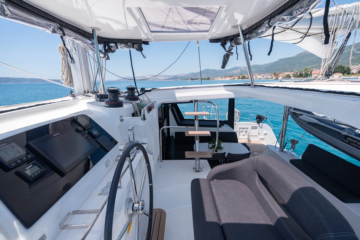 Cockpit of Sophie, a Lagoon 42 OW catamaran at Grad Kaštela, Croatia