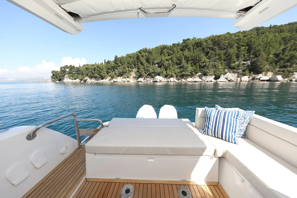Deck of Stormi, a Sealine C335V motorboat at Grad Kaštela, Croatia