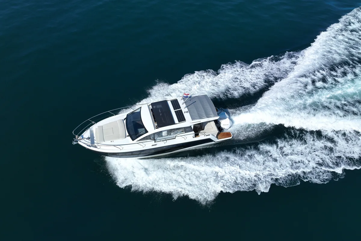 Exterior view of Stormi, a Sealine C335V motorboat at Grad Kaštela, Croatia