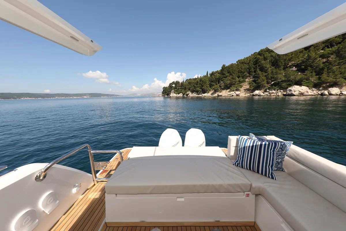 Deck of Stormi, a Sealine C335V motorboat at Grad Kaštela, Croatia