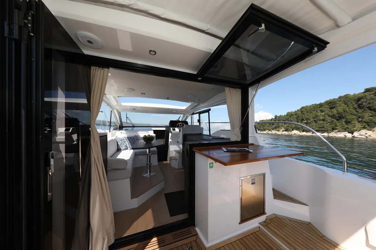Deck of Stormi, a Sealine C335V motorboat at Grad Kaštela, Croatia