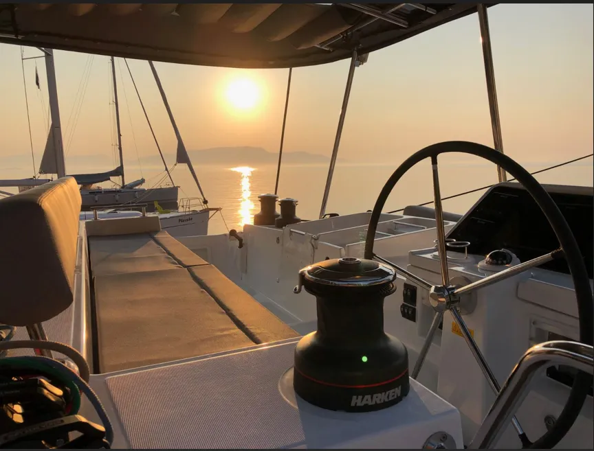 Cockpit of Aristofanis, a Lagoon 450 F catamaran at Municipal Unit of Lefkada, Greece