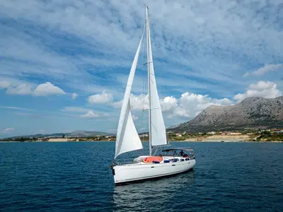 Exterior view of Sirena De Oro, a Beneteau Oceanis 54 sailboat at Municipal Unit of Palairos, Greece
