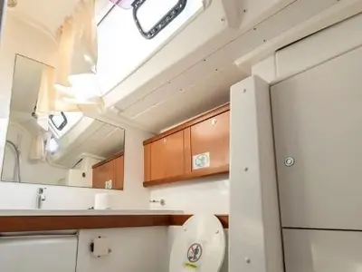 Head on Sirena De Oro, a Beneteau Oceanis 54 sailboat at Municipal Unit of Palairos, Greece