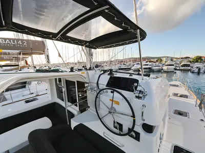 Cockpit of Mars, a Lagoon 40 catamaran at Grad Vodice, Croatia