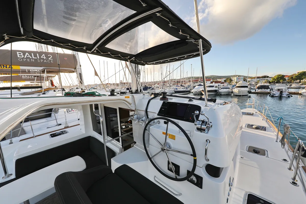 Cockpit of Mars, a Lagoon 40 catamaran at Grad Vodice, Croatia