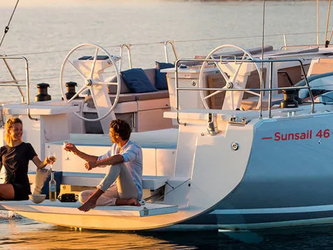 Deck of Sunsail 46.4 Premium, a Beneteau Oceanis 46.1 sailboat at Kontokali, Greece