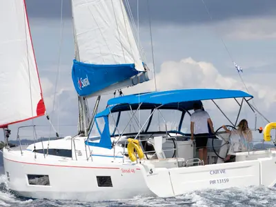 Exterior view of Sunsail 46.4 Premium, a Beneteau Oceanis 46.1 sailboat at Kontokali, Greece