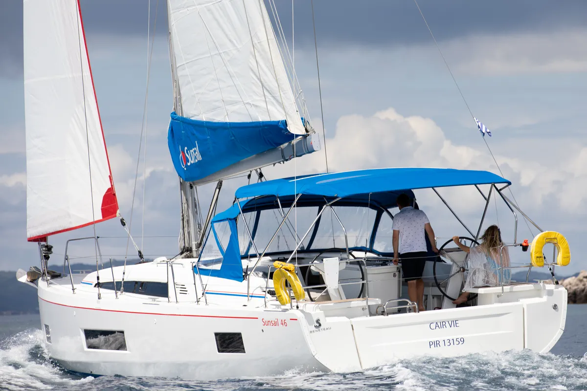 Exterior view of Sunsail 46.4 Premium, a Beneteau Oceanis 46.1 sailboat at Kontokali, Greece