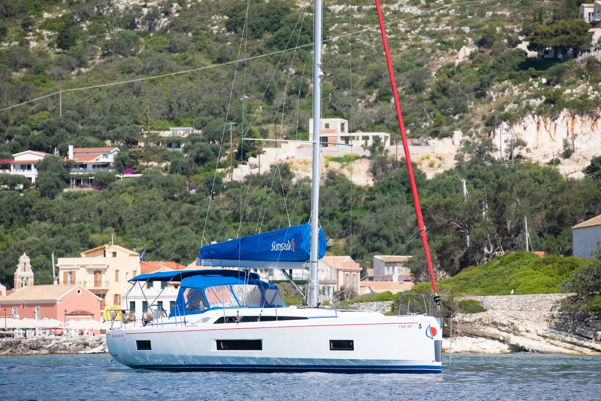 Exterior view of Sunsail 46.4 Premium, a Beneteau Oceanis 46.1 sailboat at Kontokali, Greece