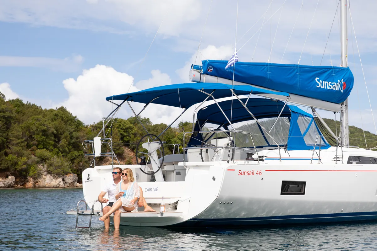 Deck of Sunsail 46.4 Premium, a Beneteau Oceanis 46.1 sailboat at Kontokali, Greece