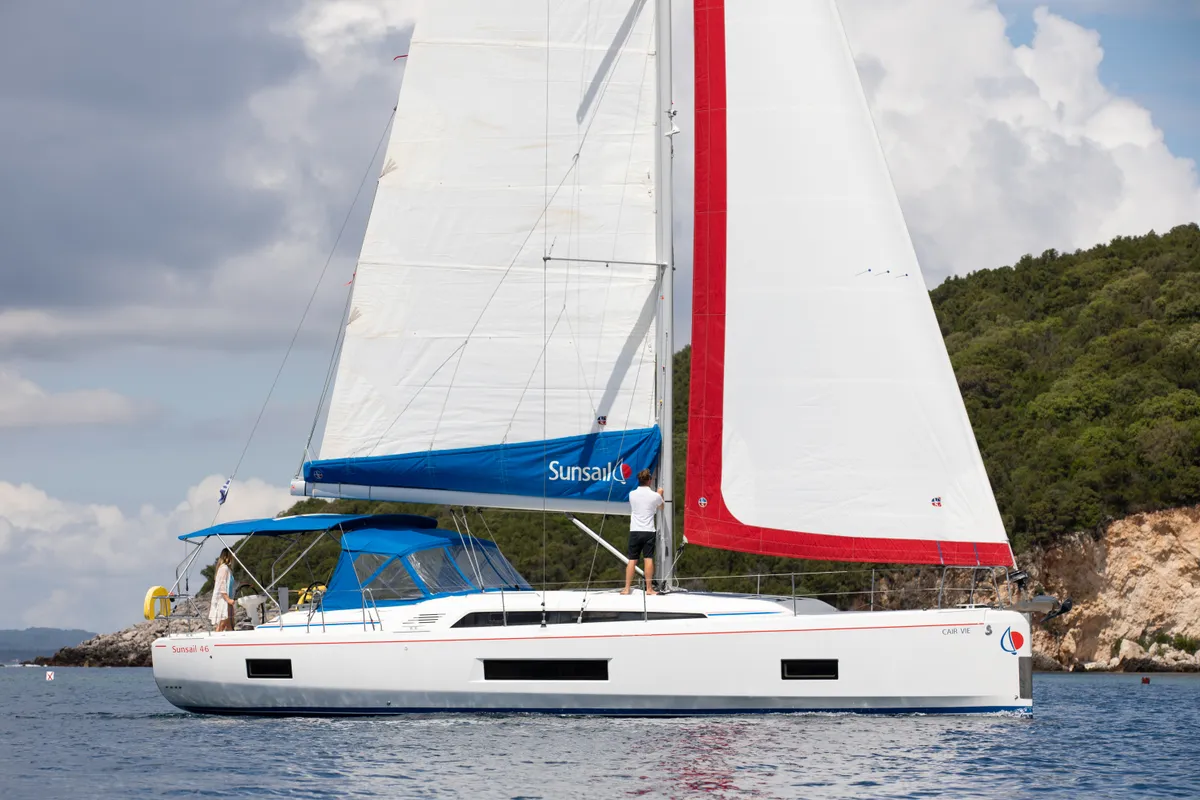 Exterior view of Sunsail 46.4 Premium, a Beneteau Oceanis 46.1 sailboat at Kontokali, Greece