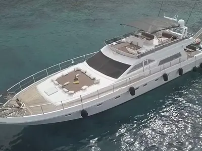 Ferretti, a Ferretti 58 motorboat at Mykonos, Greece