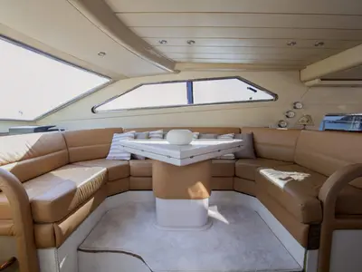 Salon of Ferretti, a Ferretti 58 motor yacht at Mykonos, Greece
