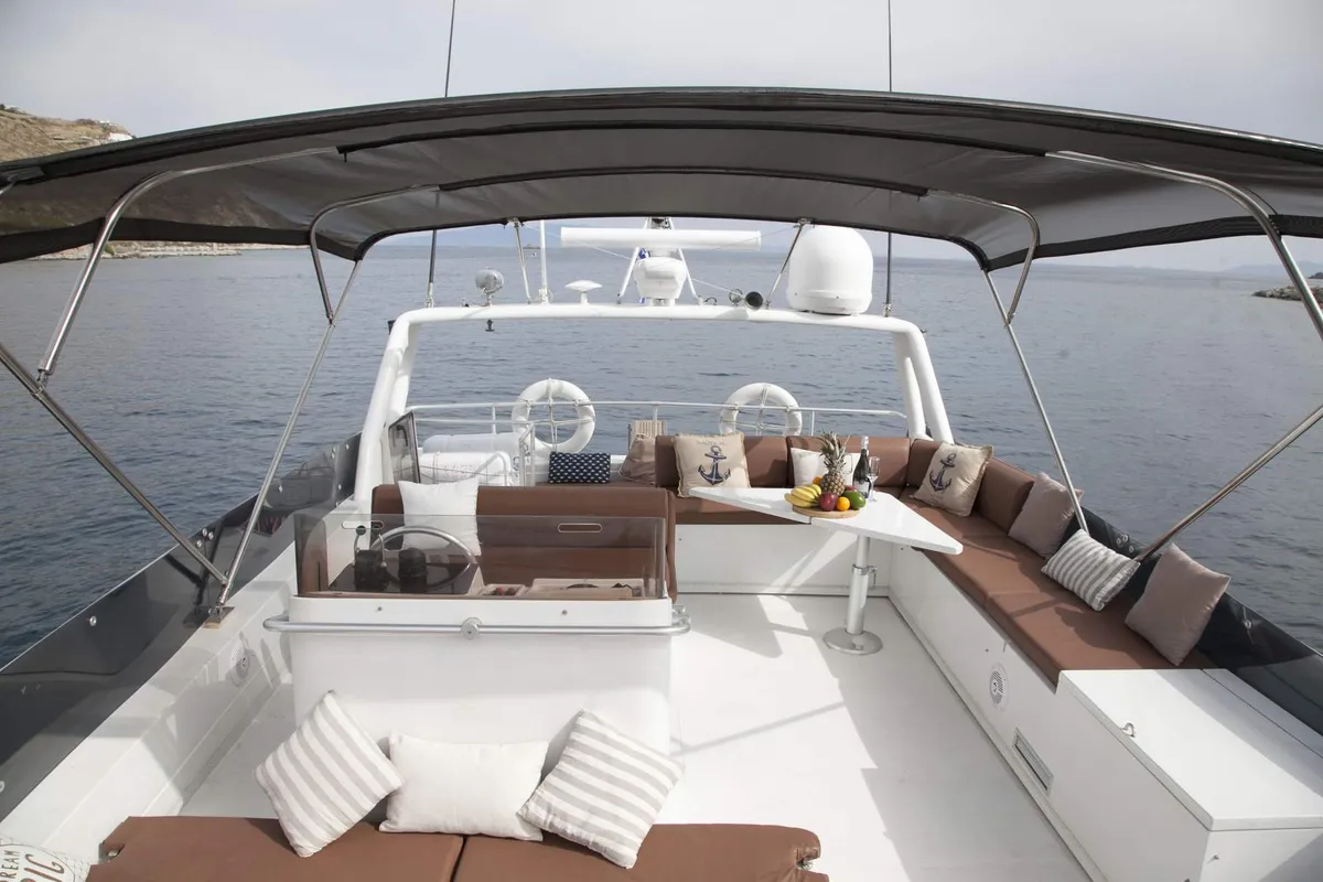 Ferretti, a Ferretti 58 motorboat at Mykonos, Greece