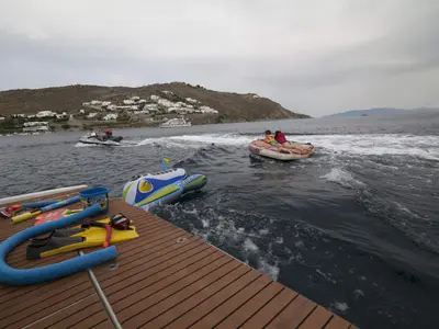 Ferretti, a Ferretti 58 motorboat at Mykonos, Greece