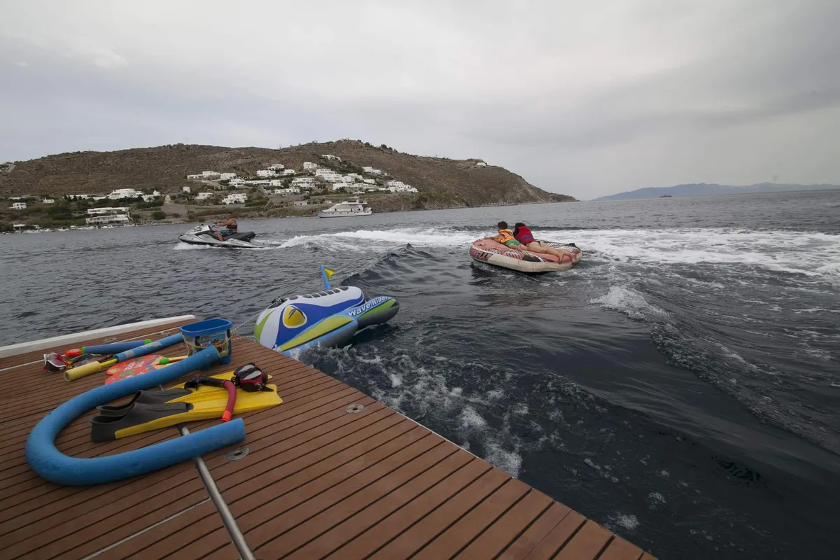 Ferretti, a Ferretti 58 motorboat at Mykonos, Greece