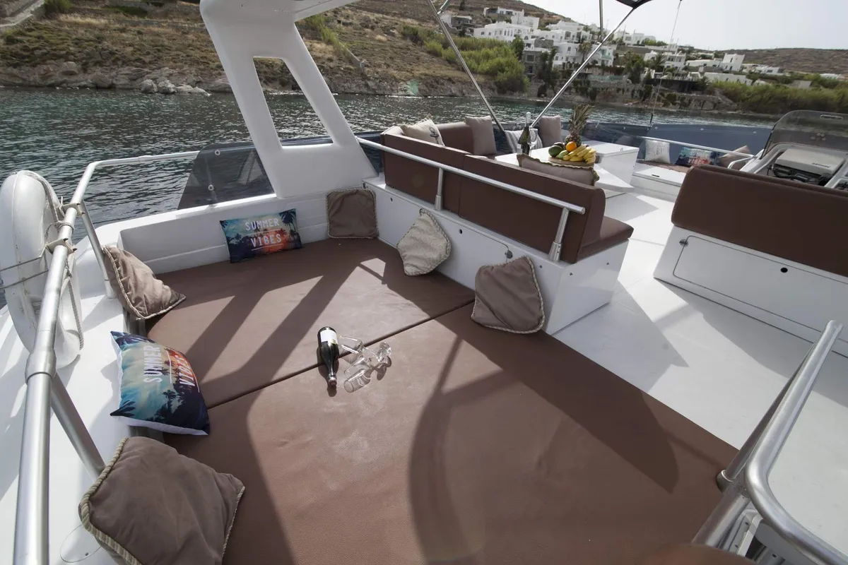 Ferretti, a Ferretti 58 motorboat at Mykonos, Greece