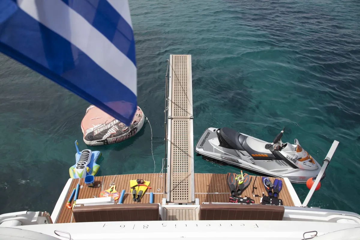 Ferretti, a Ferretti 58 motorboat at Mykonos, Greece