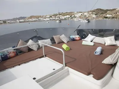 Ferretti, a Ferretti 58 motorboat at Mykonos, Greece