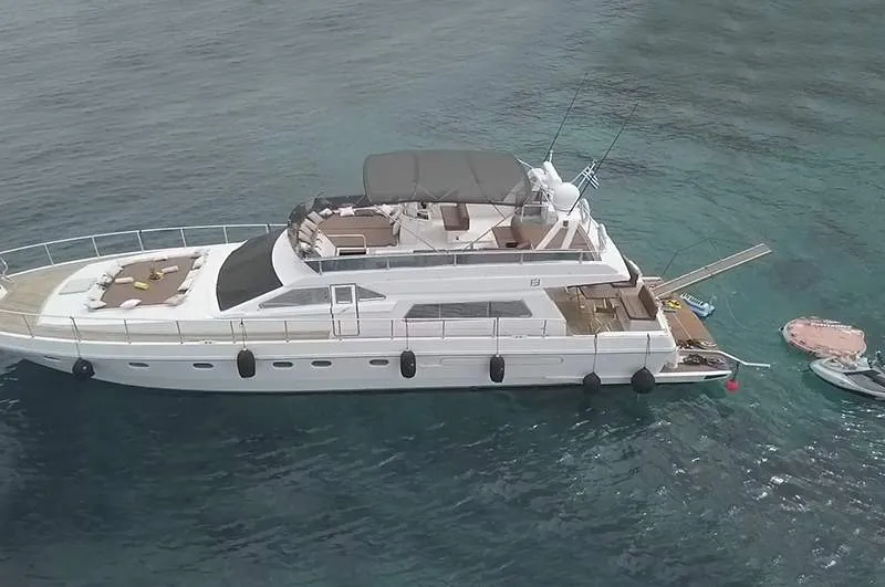 Ferretti, a Ferretti 58 motorboat at Mykonos, Greece