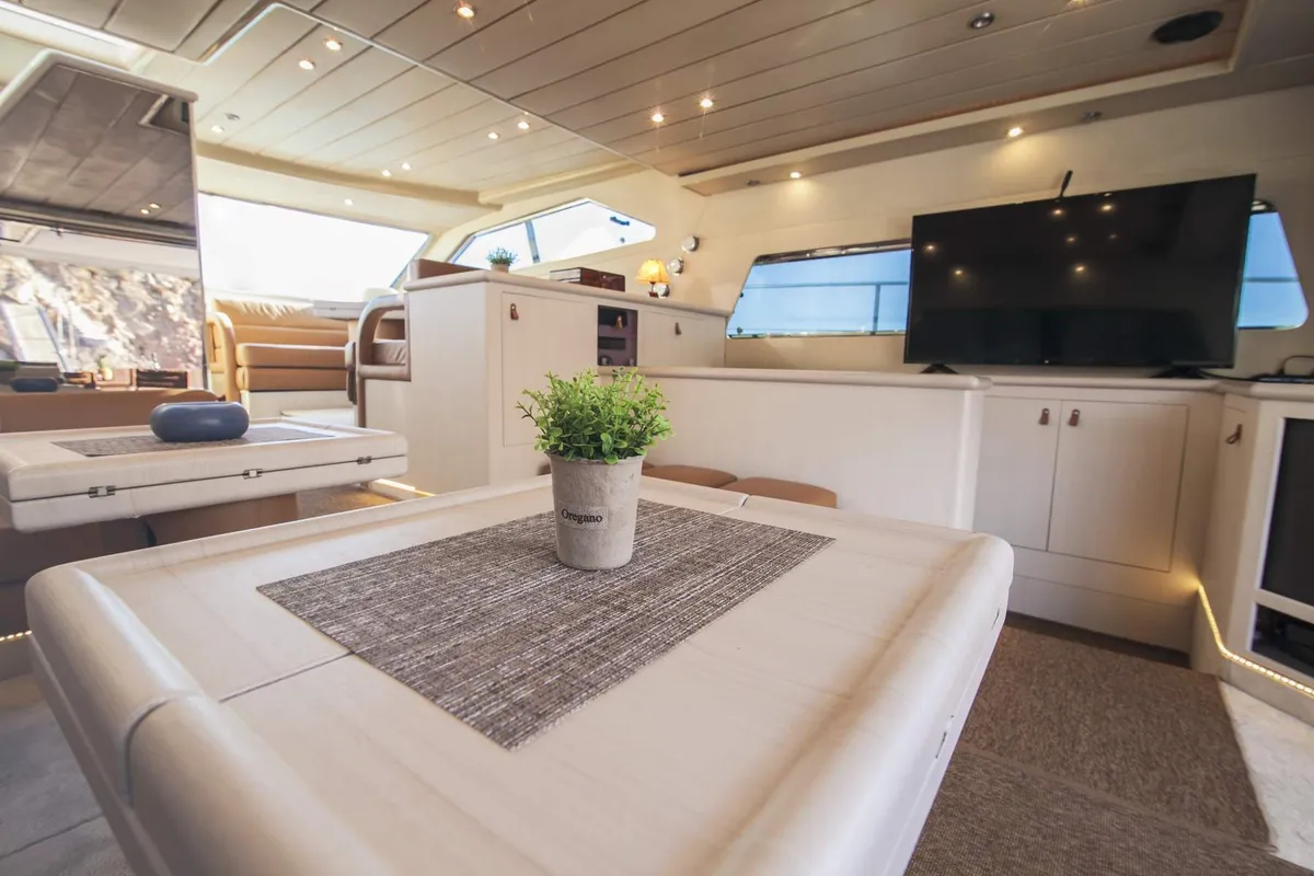 Ferretti, a Ferretti 58 motorboat at Mykonos, Greece