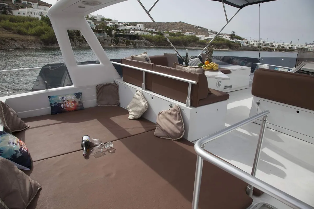 Ferretti, a Ferretti 58 motorboat at Mykonos, Greece