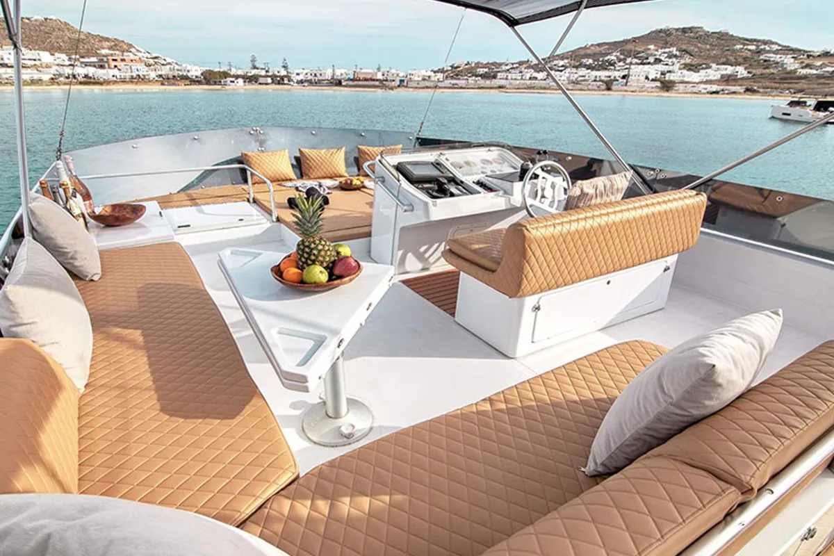 Ferretti, a Ferretti 58 motorboat at Mykonos, Greece