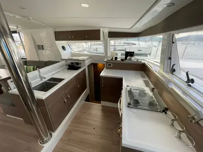 Galley of Kebifor, a Bali 4.2 catamaran at Palairos, Greece