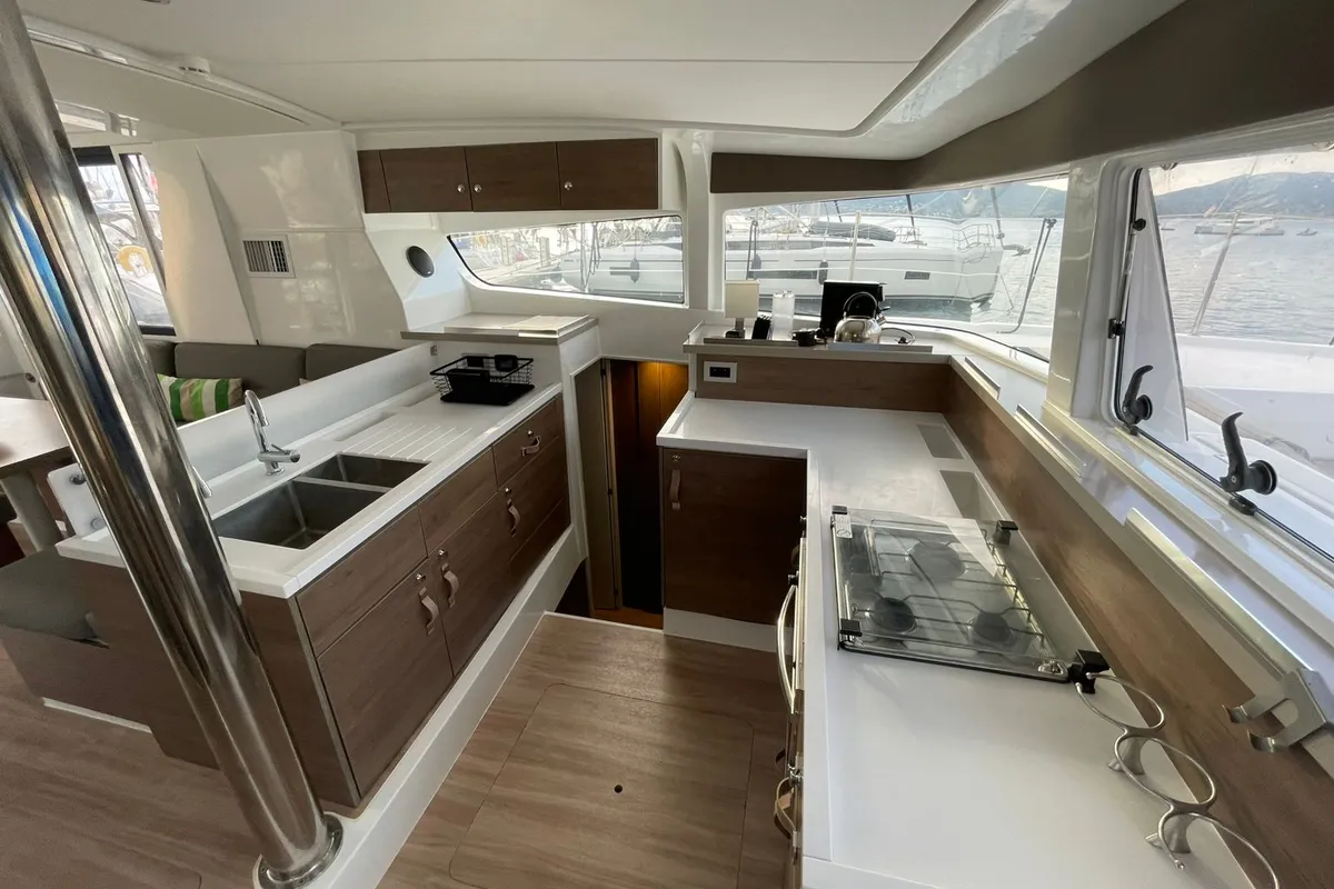 Galley of Kebifor, a Bali 4.2 catamaran at Palairos, Greece