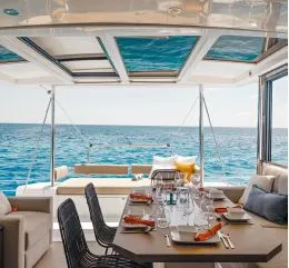Salon of Kebifor, a Bali 4.2 catamaran at Palairos, Greece