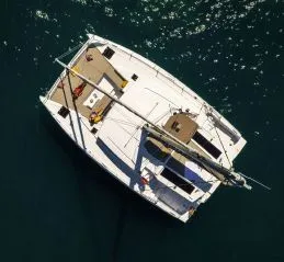 Exterior view of Kebifor, a Bali 4.2 catamaran at Palairos, Greece