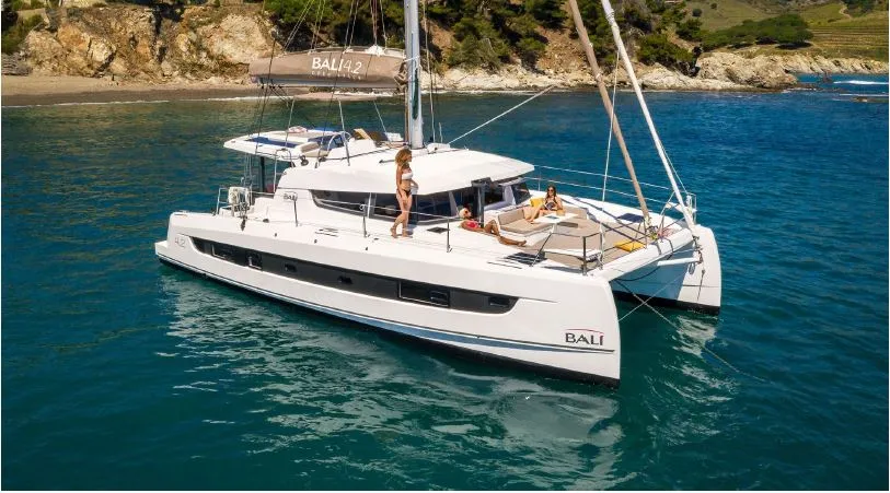 Exterior view of Kebifor, a Bali 4.2 catamaran at Palairos, Greece