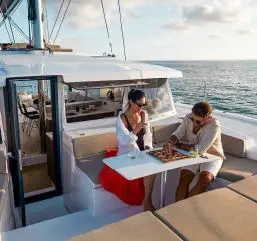 Deck of Kebifor, a Bali 4.2 catamaran at Palairos, Greece